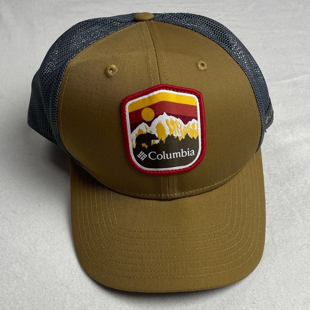 Columbia Snapback Hat Brown/Gray Mesh Back Mountain Patch Logo NWOT